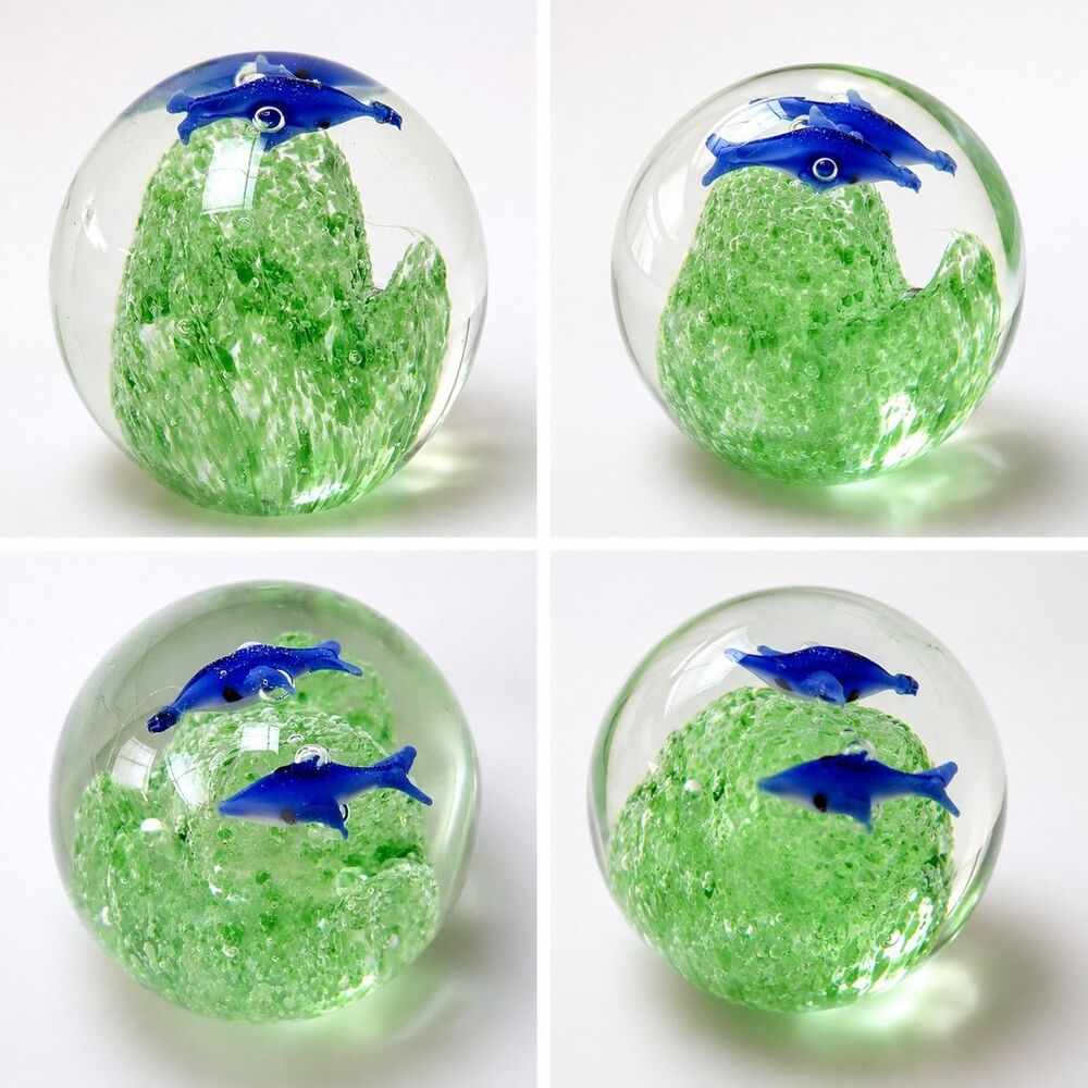 Hand Blown Art Glass Dolphin Paperweight Blue Dolphins Green Controlled Bubbles